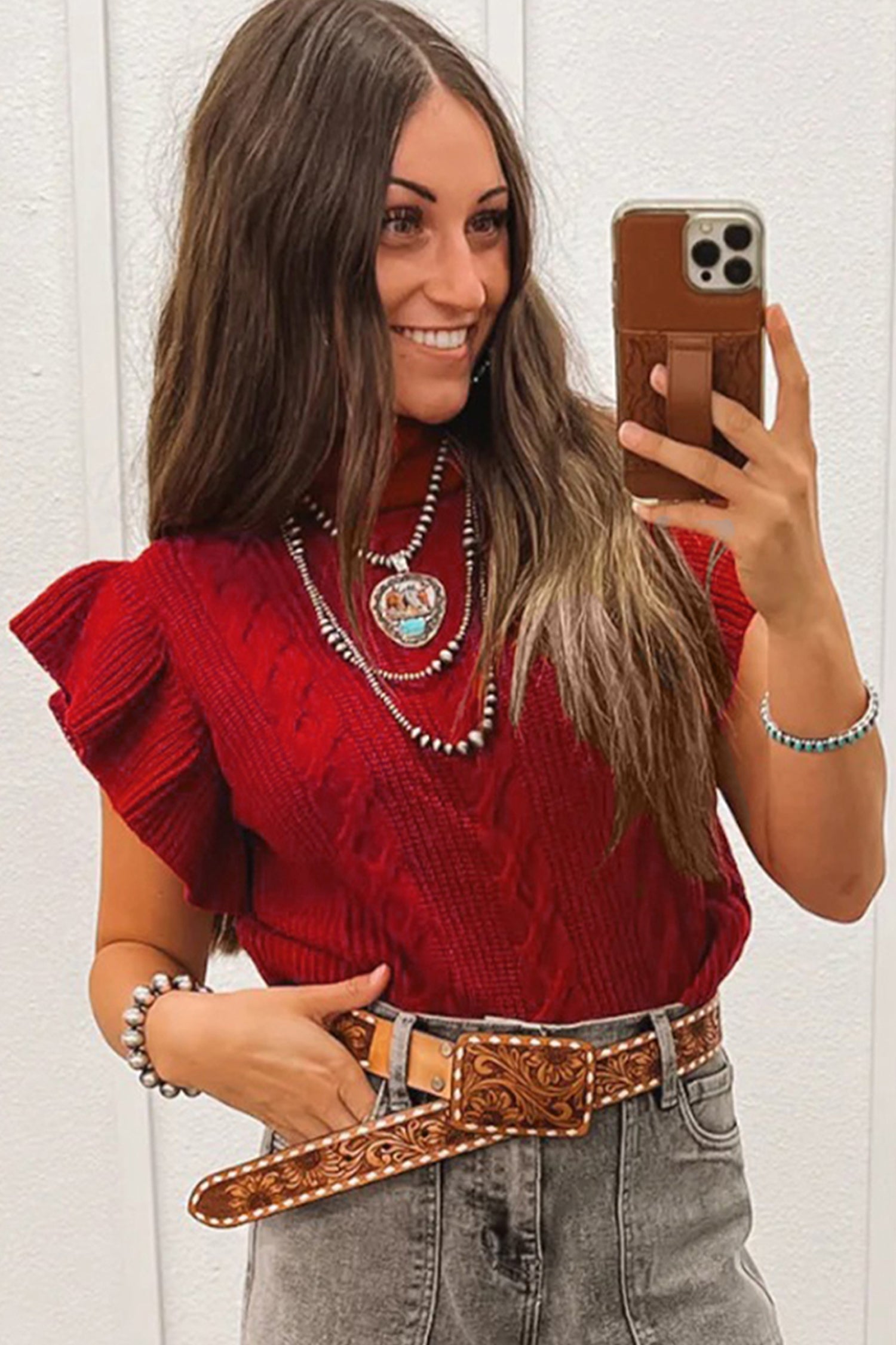 Suéter de manga corta con volantes y cuello alto de punto cable Jet Stream