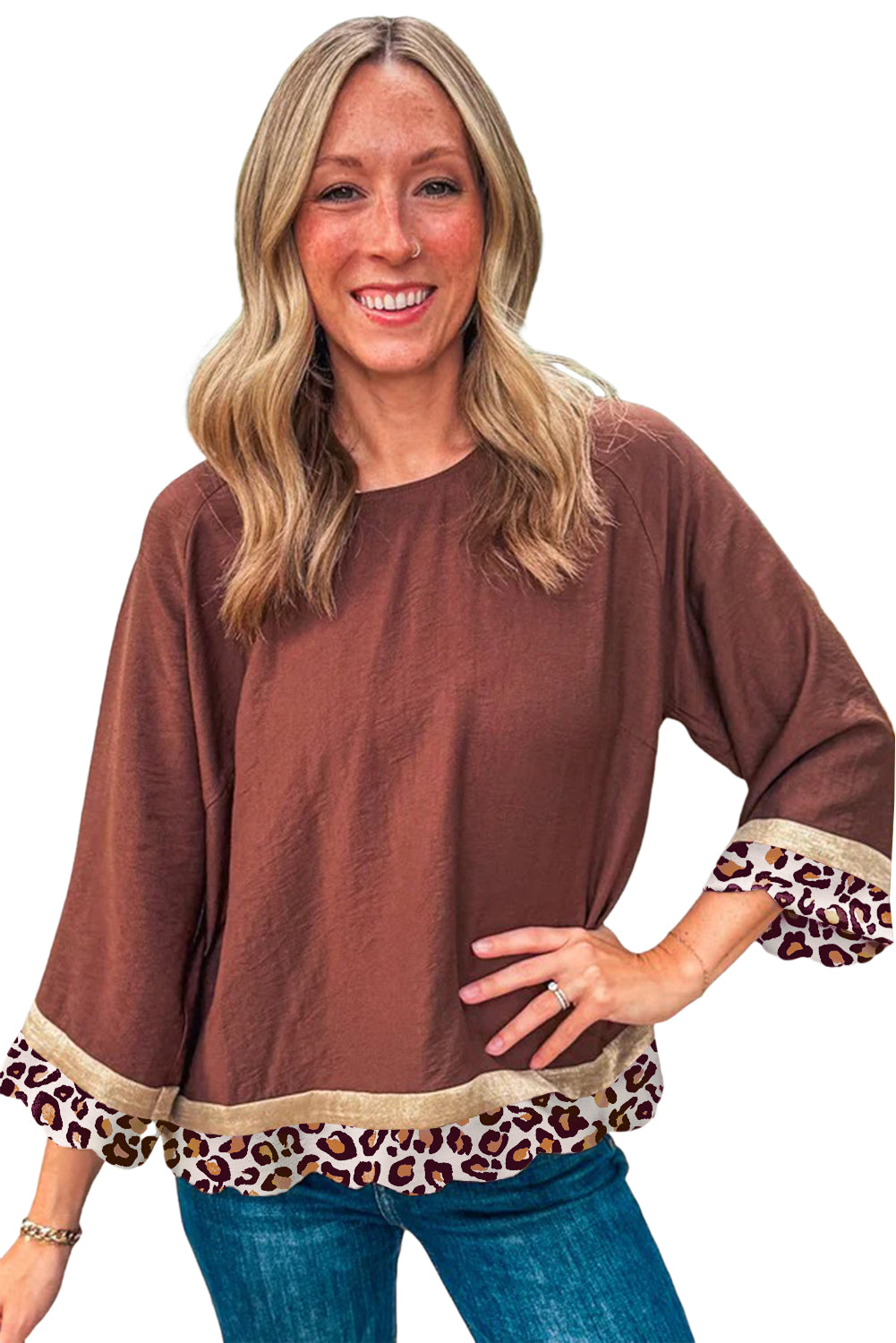 Clay Brown Leopard Detail Round Neck Long Sleeve Blouse