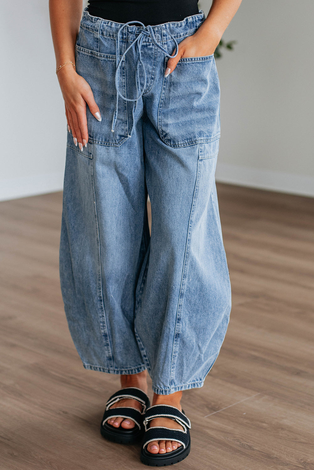 Jean Myosotis à grande poche plaquée et cordon de serrage, taille paperbag