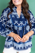 Blue Plus Size Floral Printed Notched Neck Long Sleeve Blouse