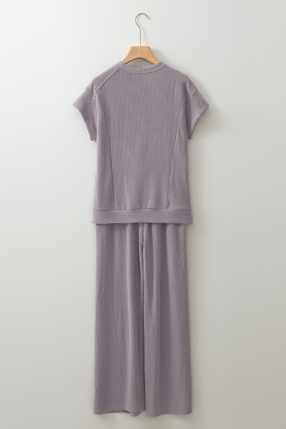 Blue Solid Corded Short Sleeve T Shirt and Wide Leg Pants Set