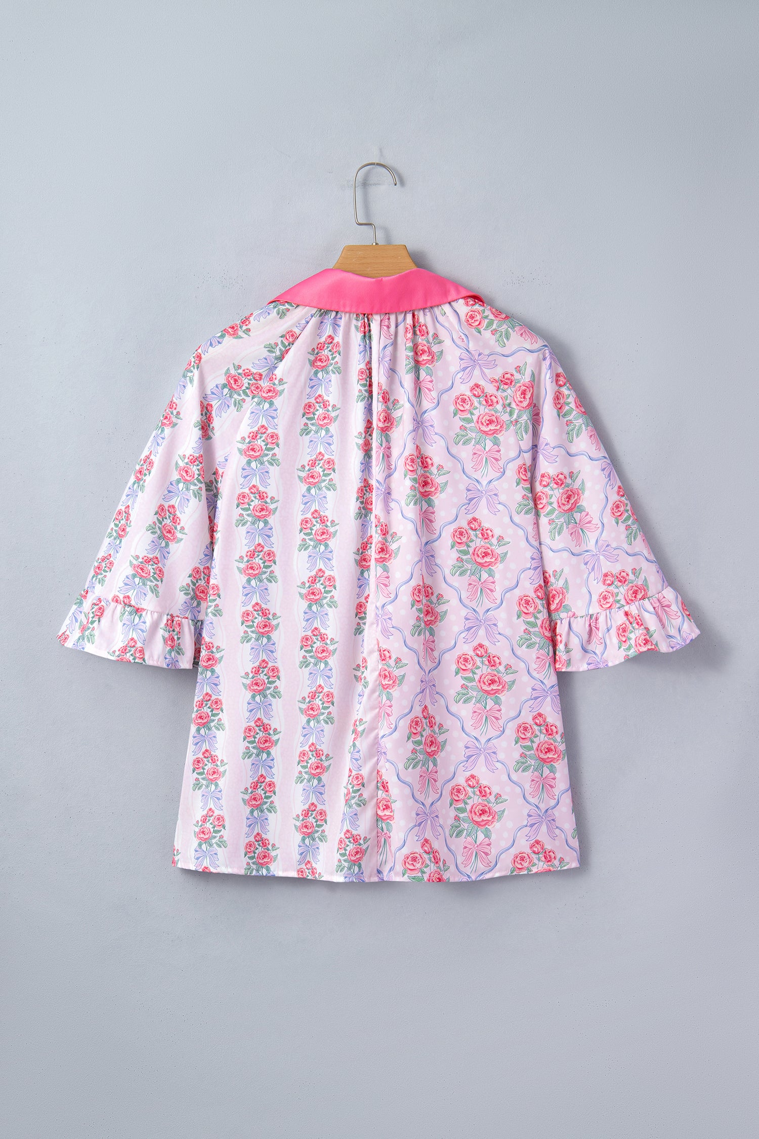 Purple Floral Collared Ruffled Half Sleeve Shirt