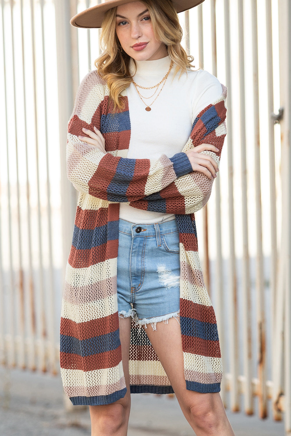 Dark Blue Color Block Striped Cut Out Knit Cardigan