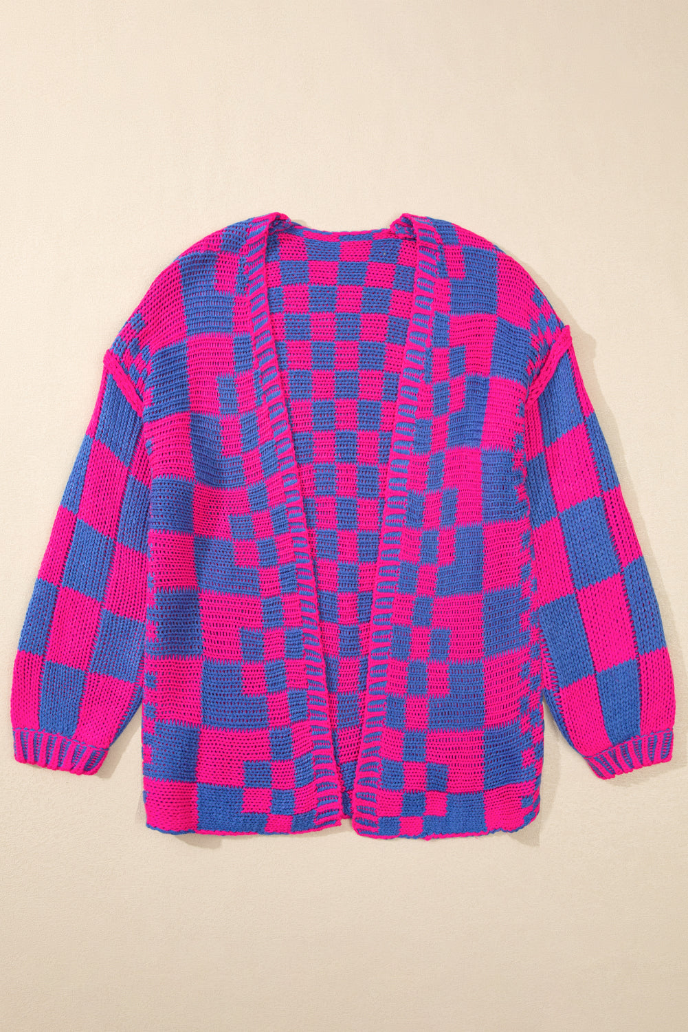Multicolor Plaid Open Front Knitted Cardigan