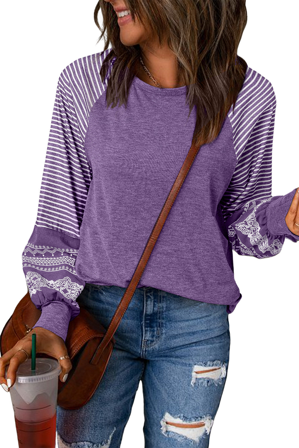 Medium Grey Contrast Print Striped Raglan Long Sleeve Loose Top