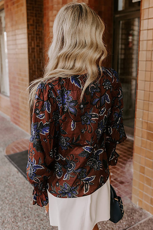 Chemisier à imprimé floral automnal marron et poignets smockés