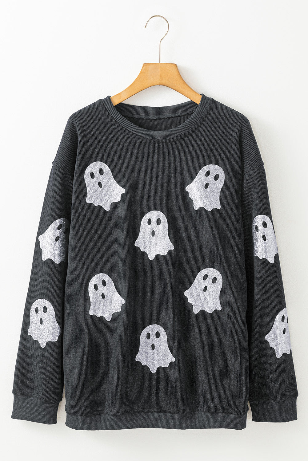 Pink Halloween Ghost Corded Crew Neck Loose Sweatshirt