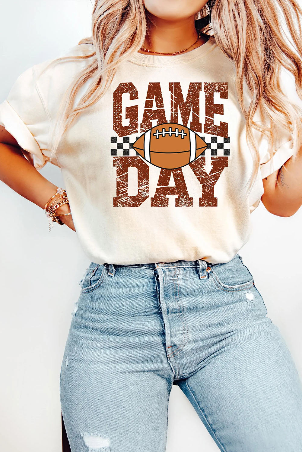 White GAME DAY Checkered Football Print Vintage Graphic Tee