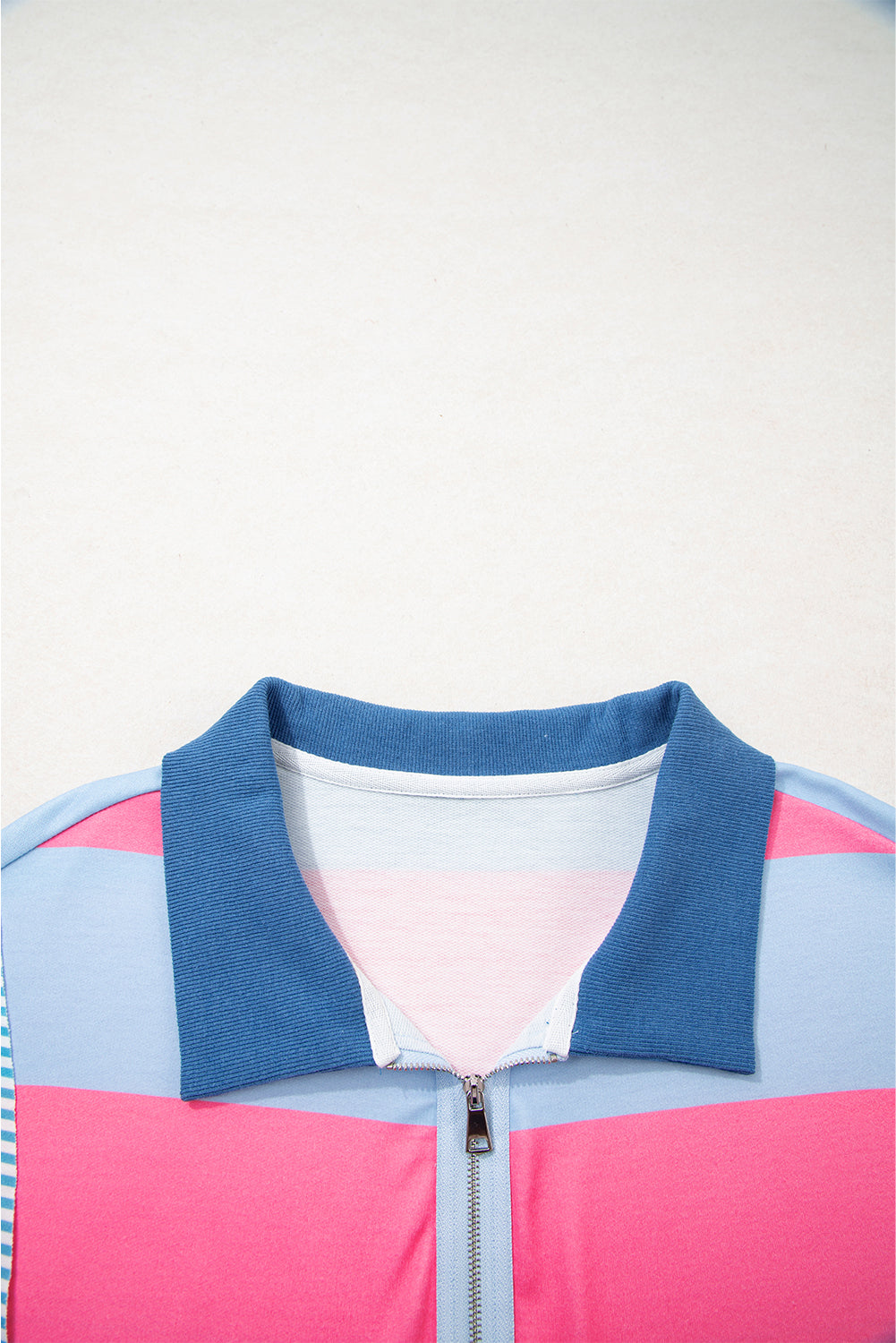 Blue Stripe Colorblock Patchwork Zip-up Plus Size Pullover