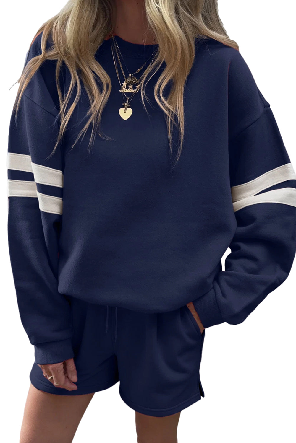 Evergreen Varsity Striped Sleeve Drop Shoulder Sweatshirt and Shorts Set