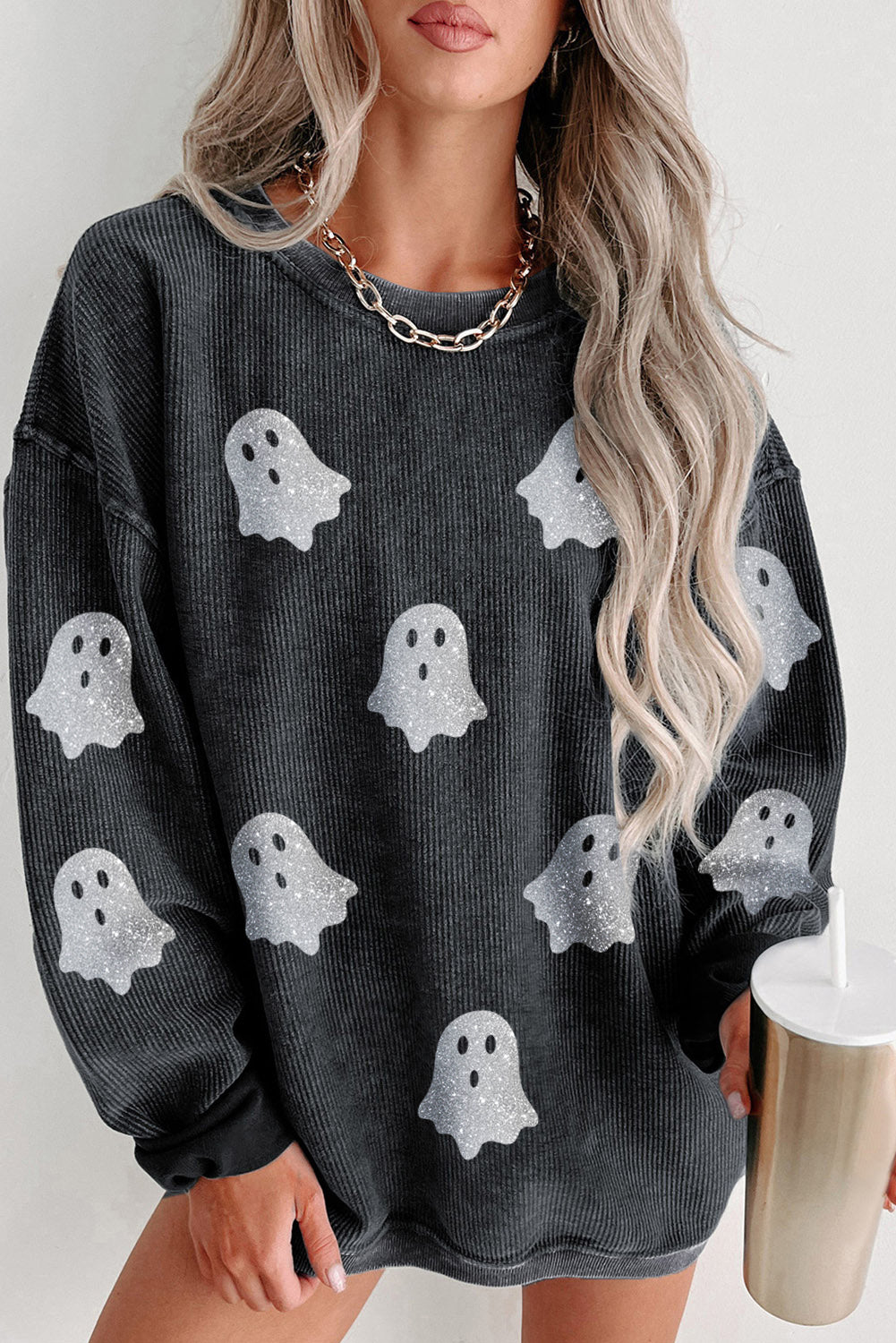 Pink Halloween Ghost Corded Crew Neck Loose Sweatshirt