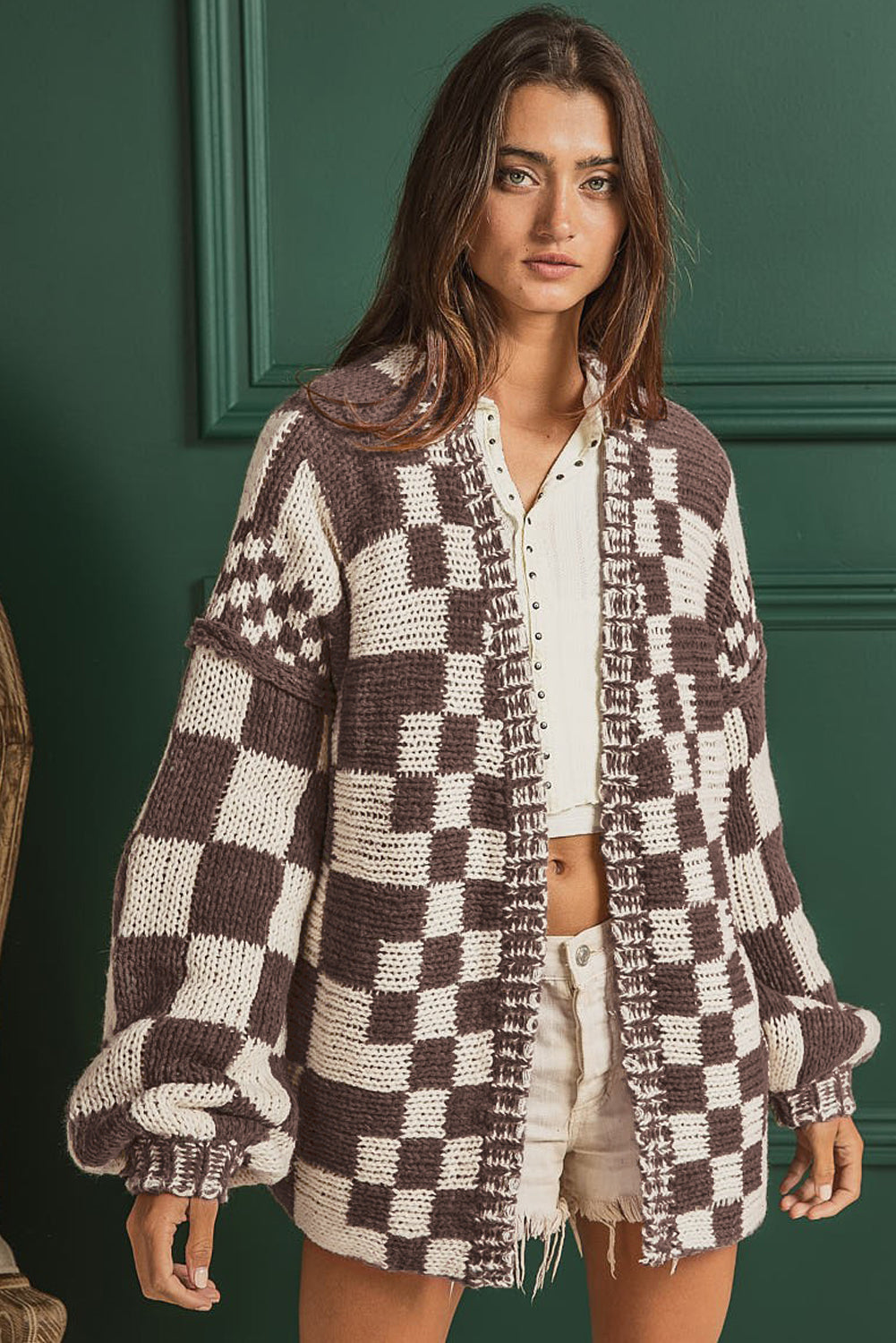Multicolor Plaid Open Front Knitted Cardigan