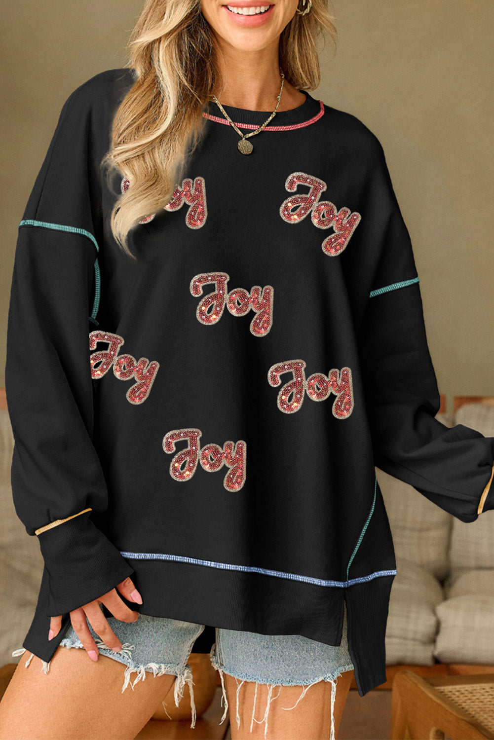 Black Sequin Joy Letter Graphic Contrast Seam Detail Drop Shoulder Sweatshirt