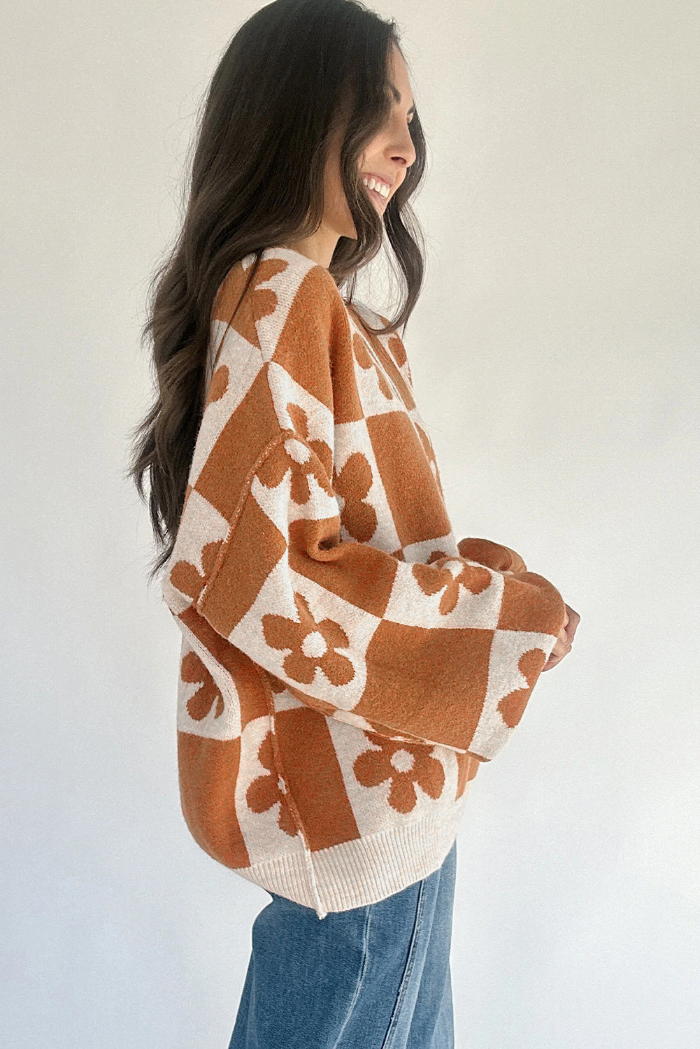 Pull Henley à carreaux colorblock à motif dahlia rouge