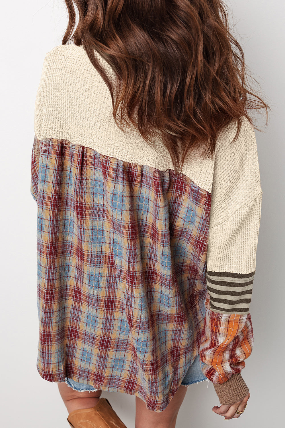 Straw Yellow Waffle Stripe Plaid Patchwork Henley Top