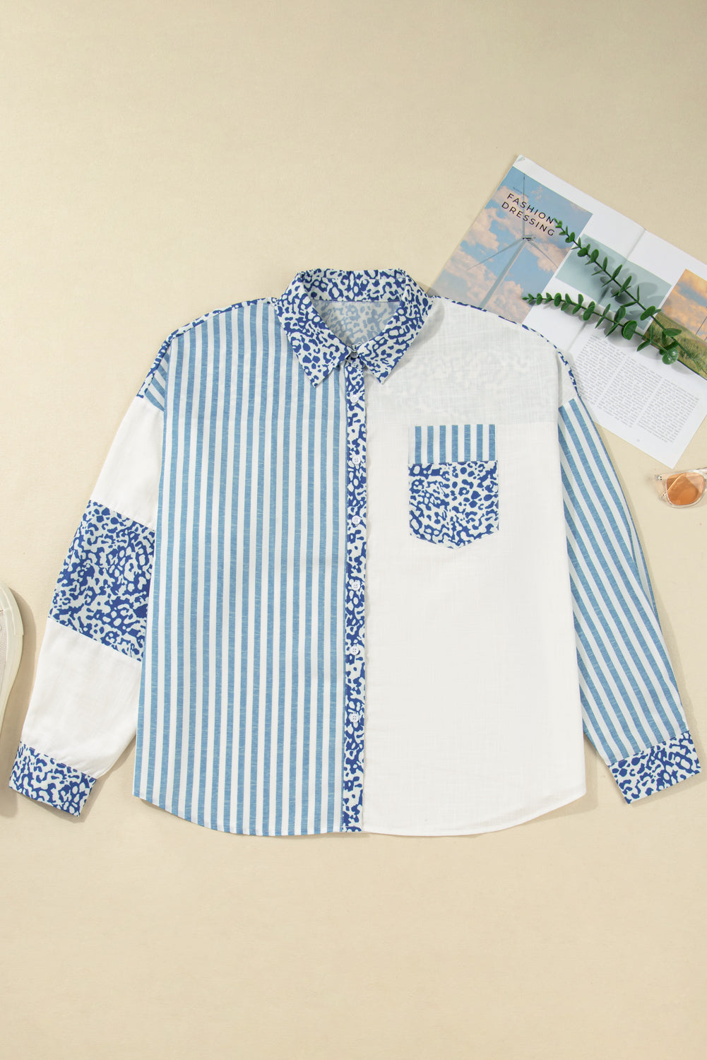 Chemise décontractée à rayures léopard bleu ciel et patchwork