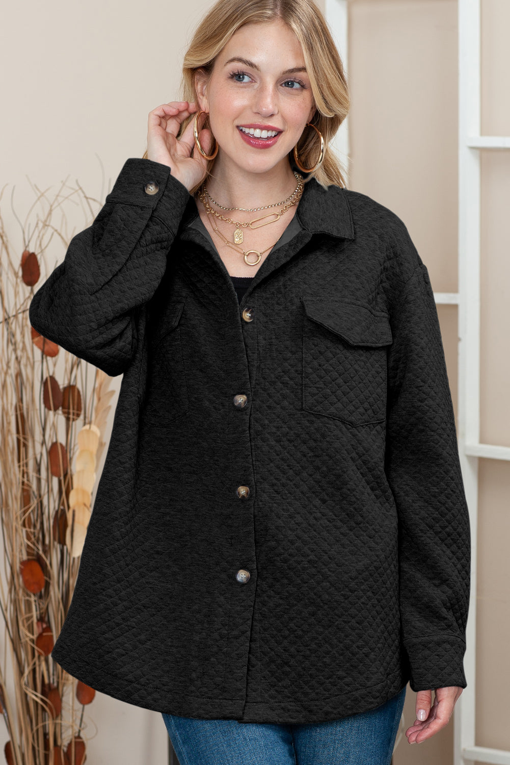 Veste matelassée à boutons et à rabat rétro à texture treillis grise