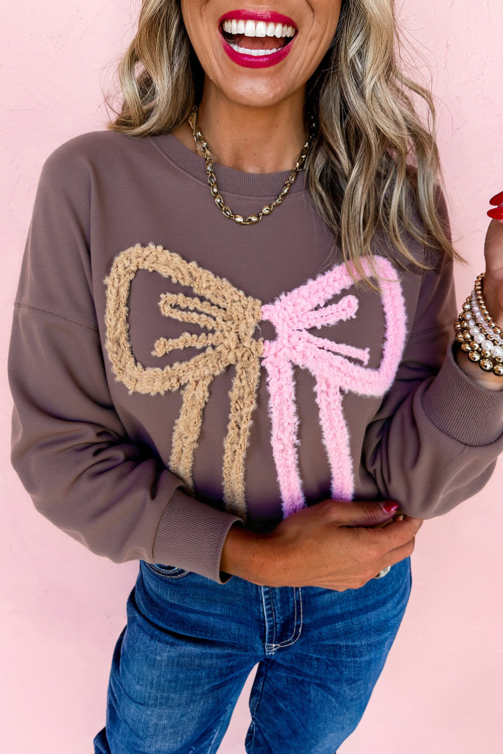 Dark Khaki Terry Bow Pattern Drop Shoulder Sweatshirt