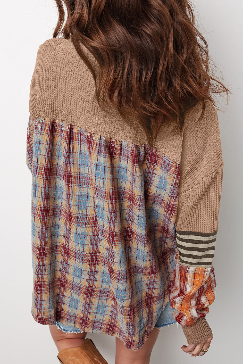 Straw Yellow Waffle Stripe Plaid Patchwork Henley Top
