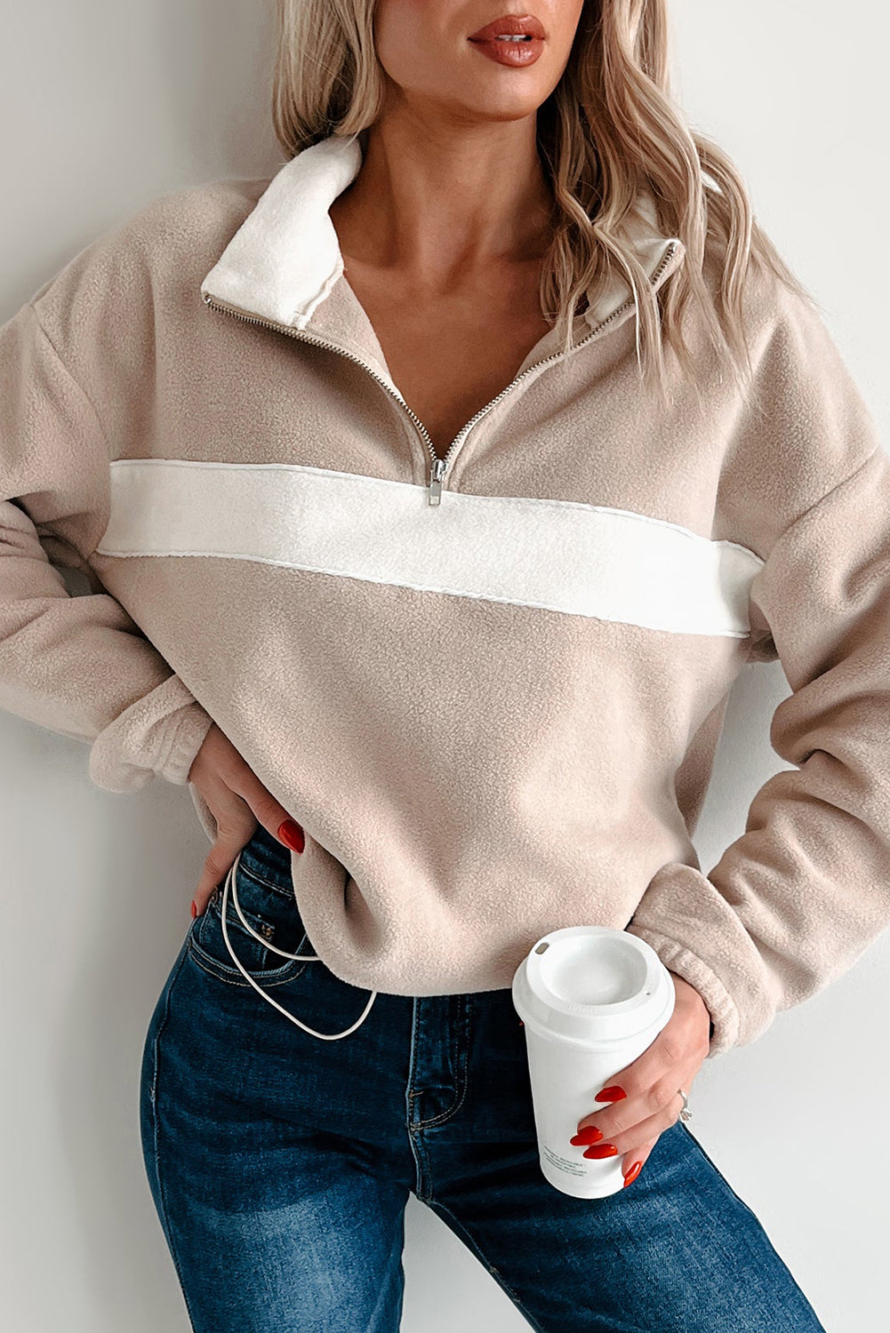 Parchment Fleece Colorblock Patchwork Zipped Collar Pullover Sweatshirt