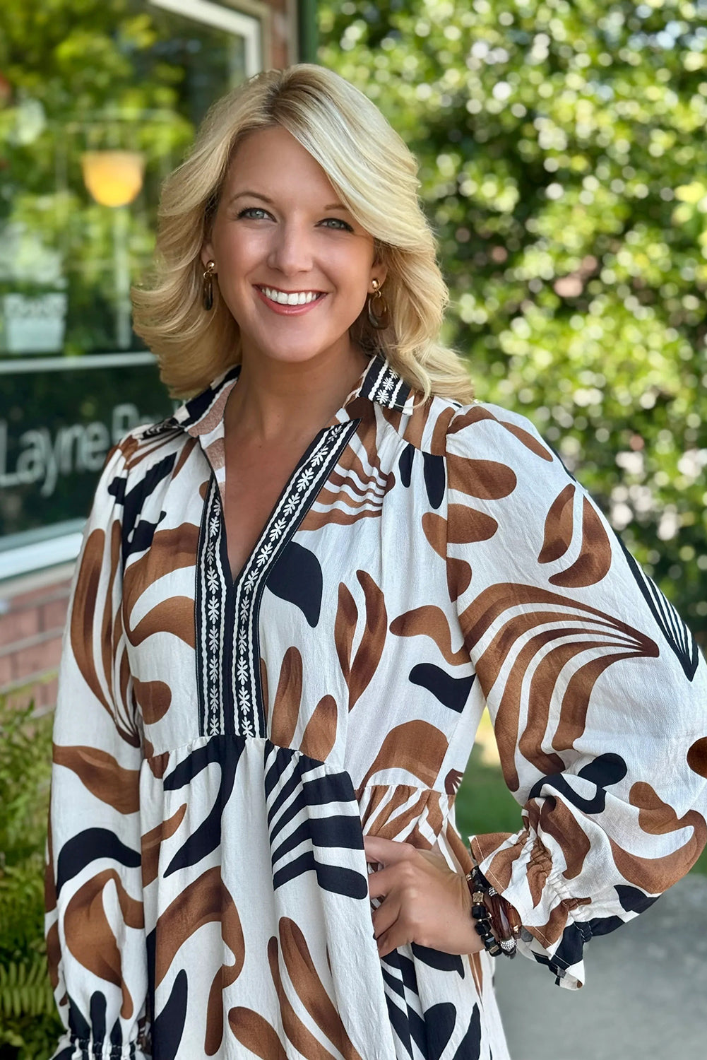 Brown Tropical Print Contrast Trim Neck Long Sleeve Ruffle Hem Dress