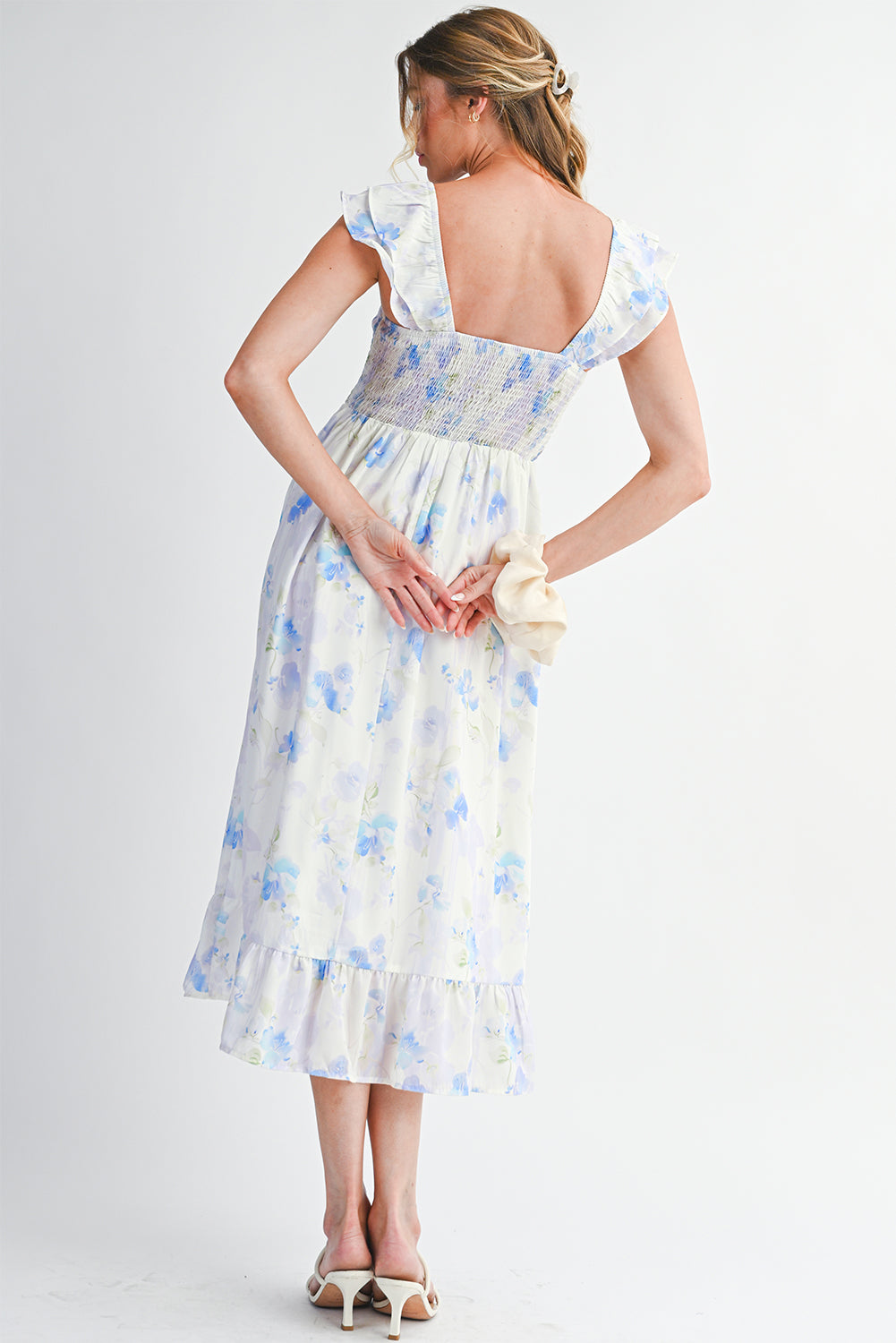 Sky Blue Floral Smocked High Waist Ruffle Sleeveless Long Dress