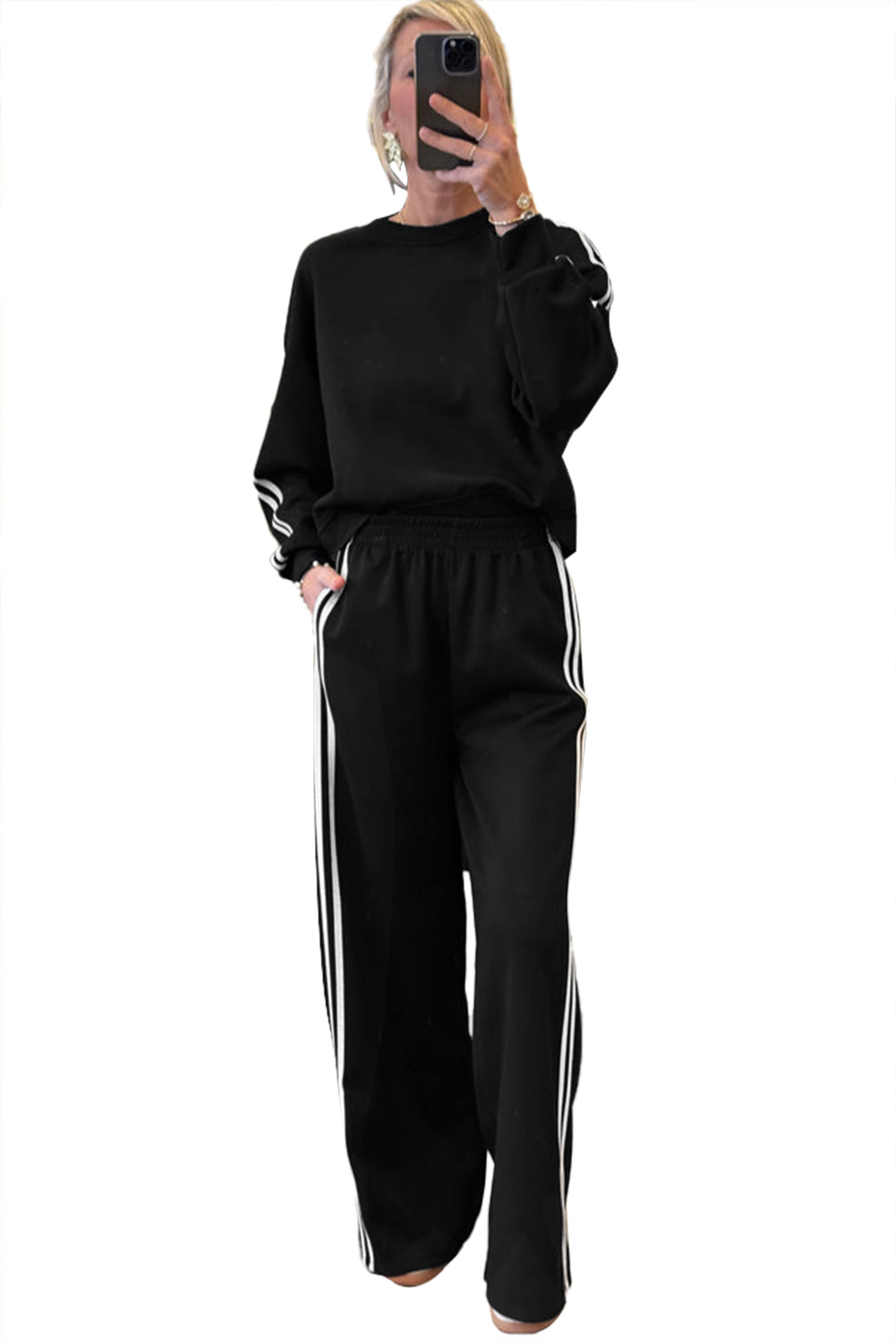 Black Varsity Striped Detail Cropped Pullover Wide Leg Pants 2pcs Outfit