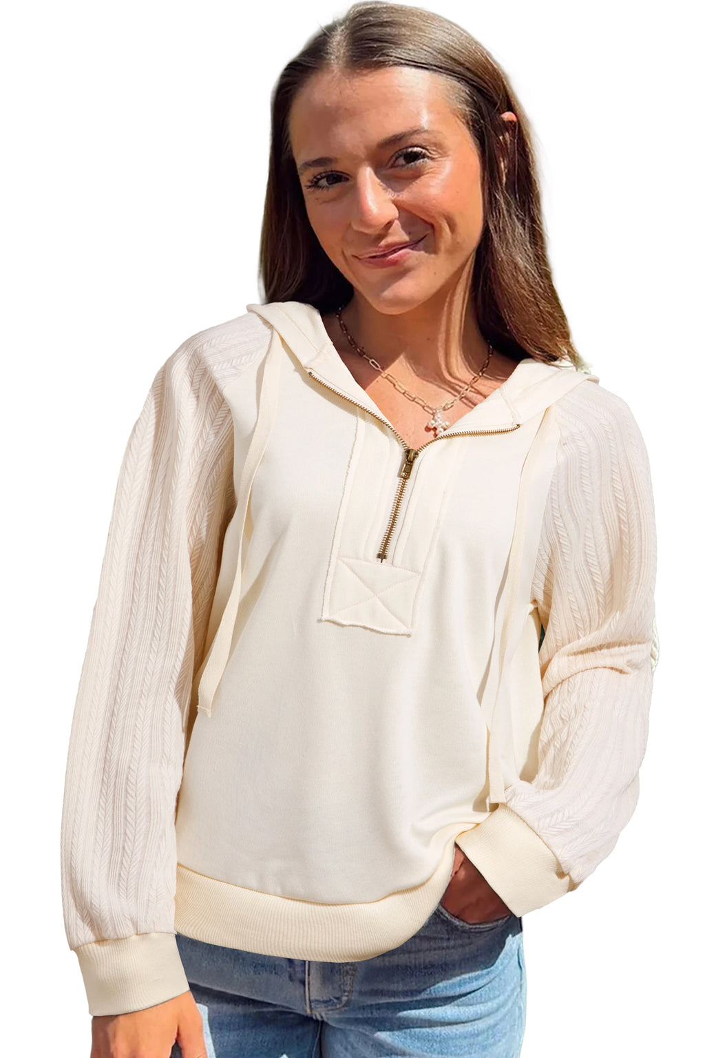 Beige Textured Patchwork Half Zip Long Sleeve Hoodie