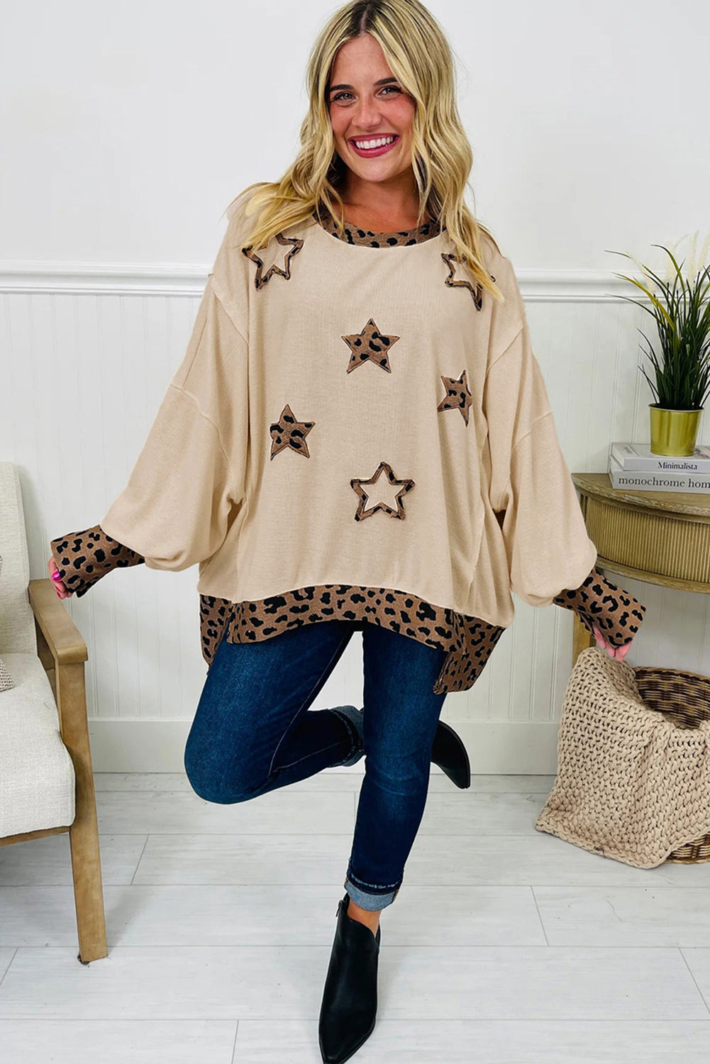 Beige Stars Pattern Leopard Patchwork Round Neck Sweatshirt