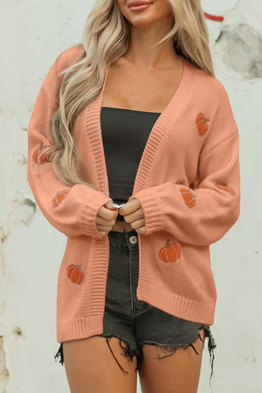 Light Pink Christmas Tree Print Open Front Drop Shoulder Knit Cardigan