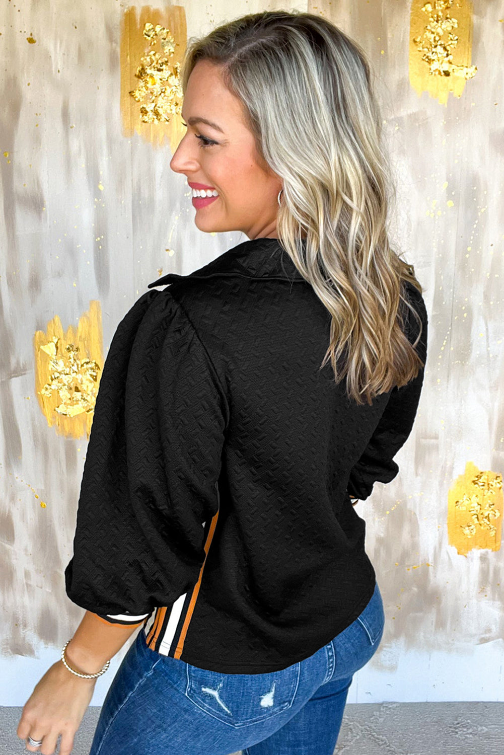 Black Textured V Neck Colorblock Cuffs Sweatshirt