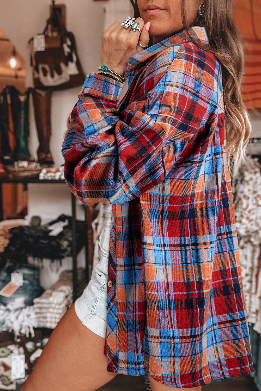 Red Plaid Print Drop Sleeve Loose Shirt Shacket