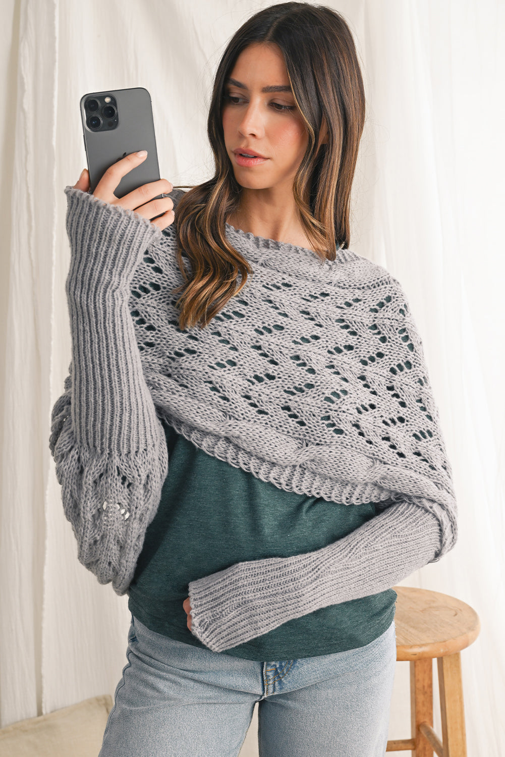 Misty Green Solid V-Neck Long Sleeve Top