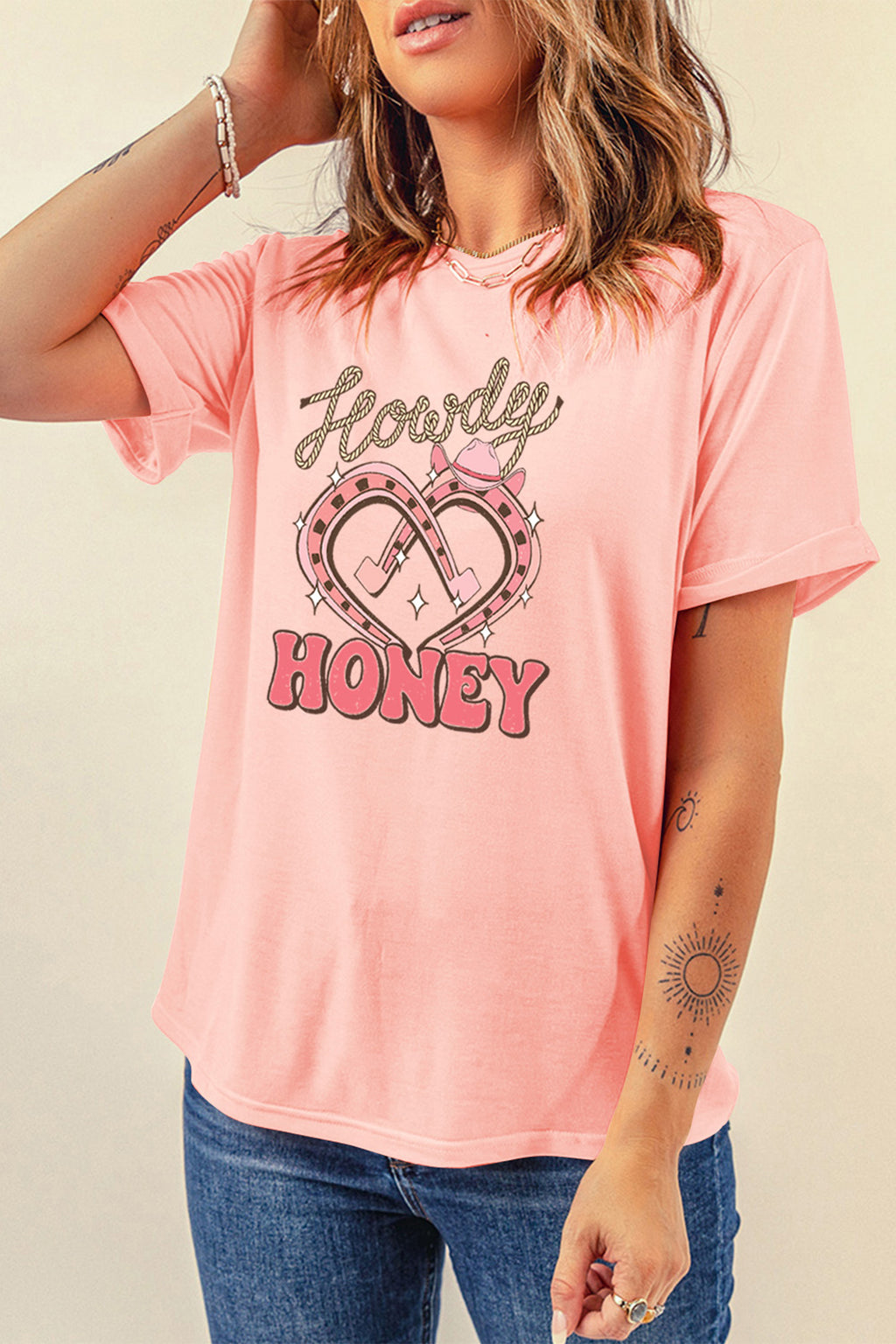 Pink Howdy HONEY Horseshoe Heart Printed T Shirt