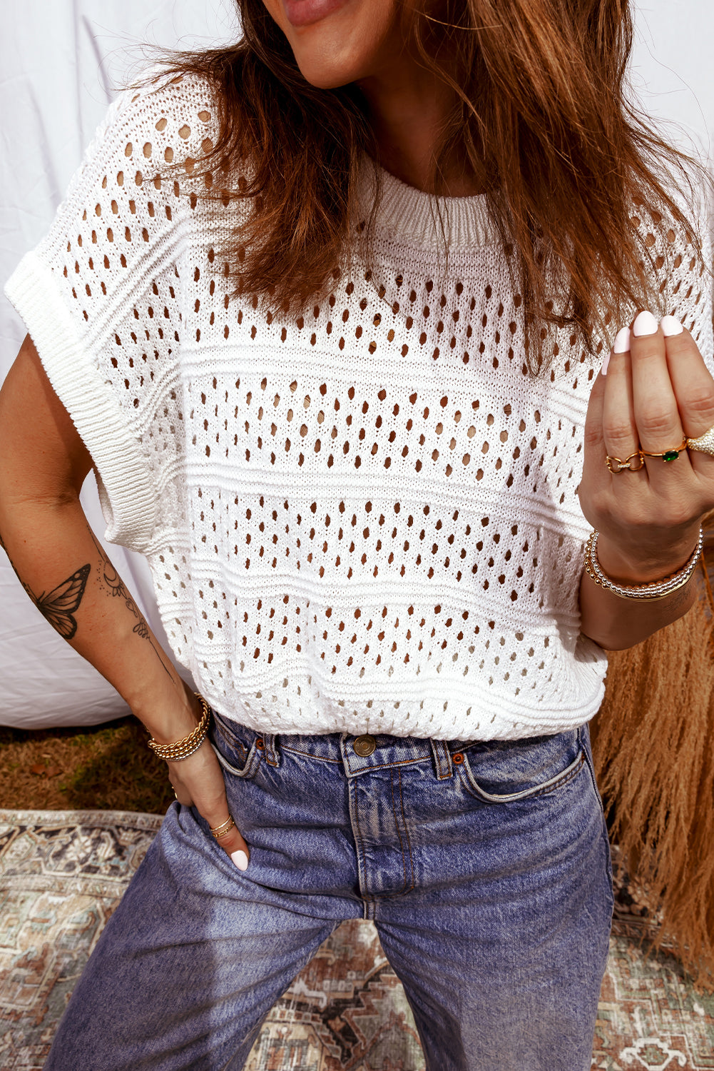 White Hollow Out Knit Round Neck Dolman Sweater