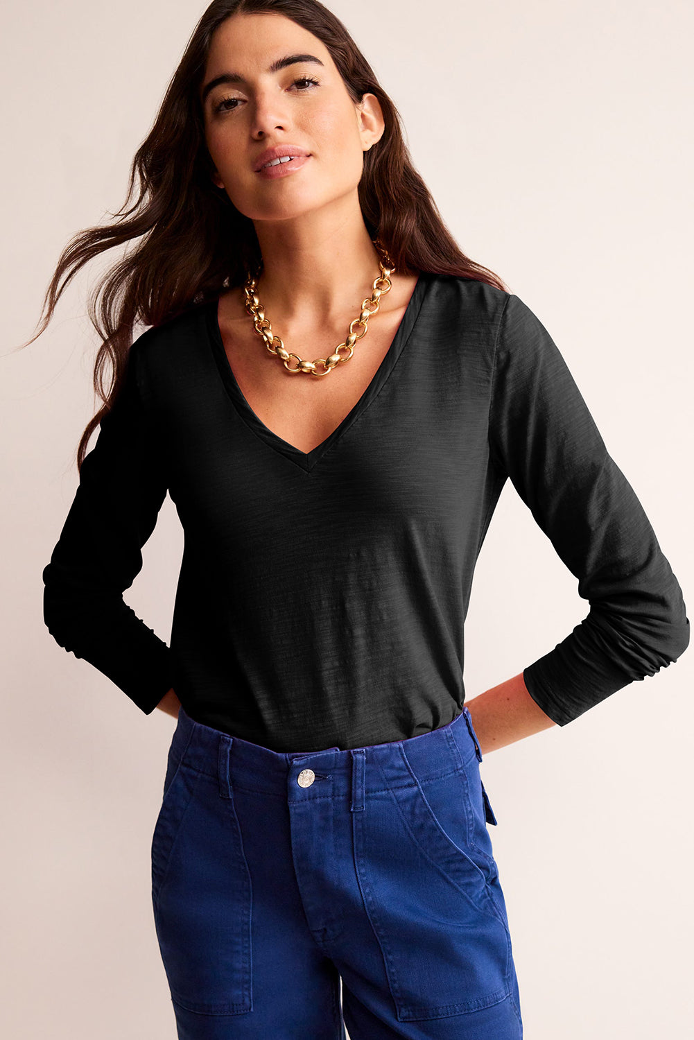 Smoke Gray Plain V Neck Long Sleeve Top