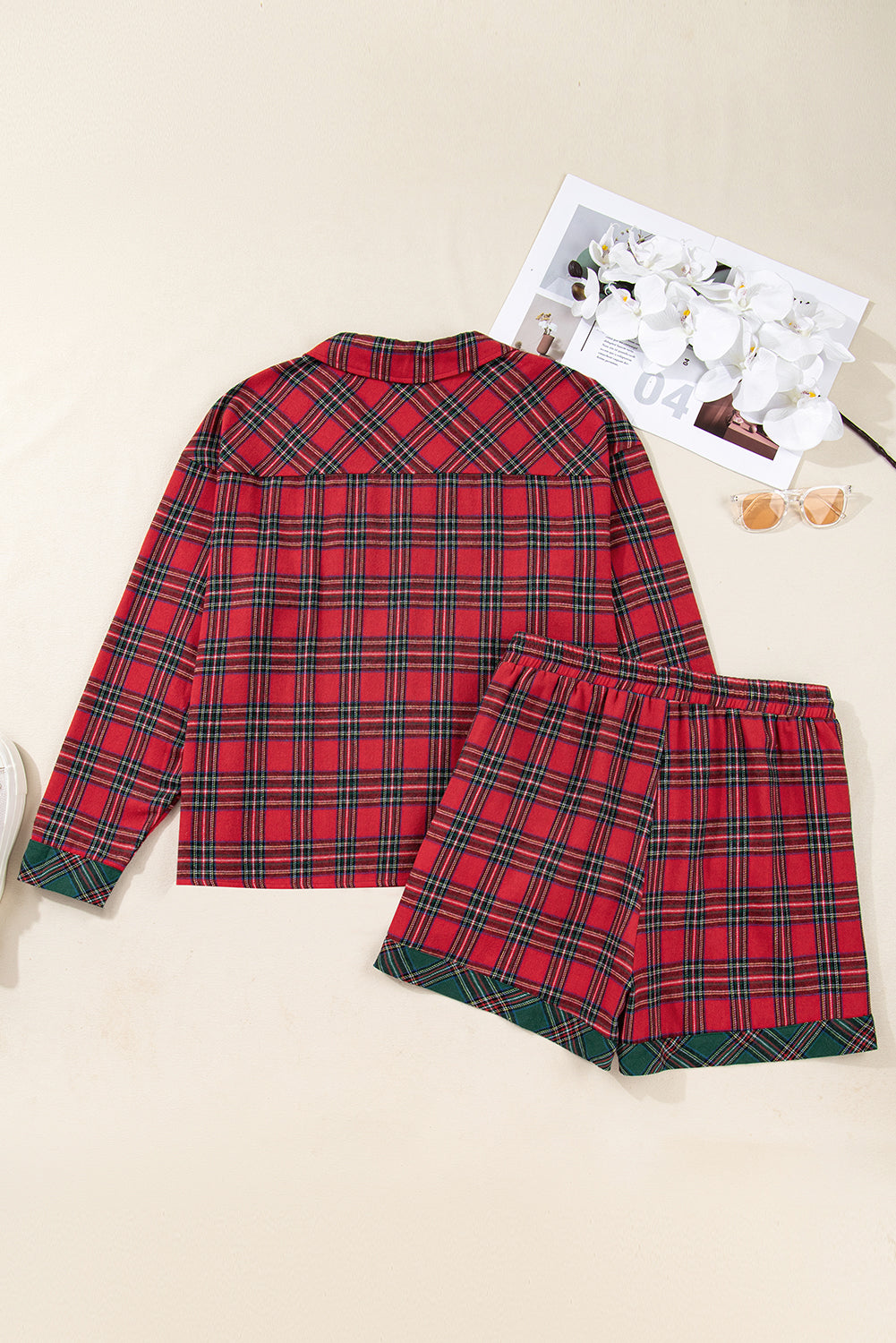 Red Plus Size Plaid Patchwork Long Sleeve Shirt and Shorts Pajama Set