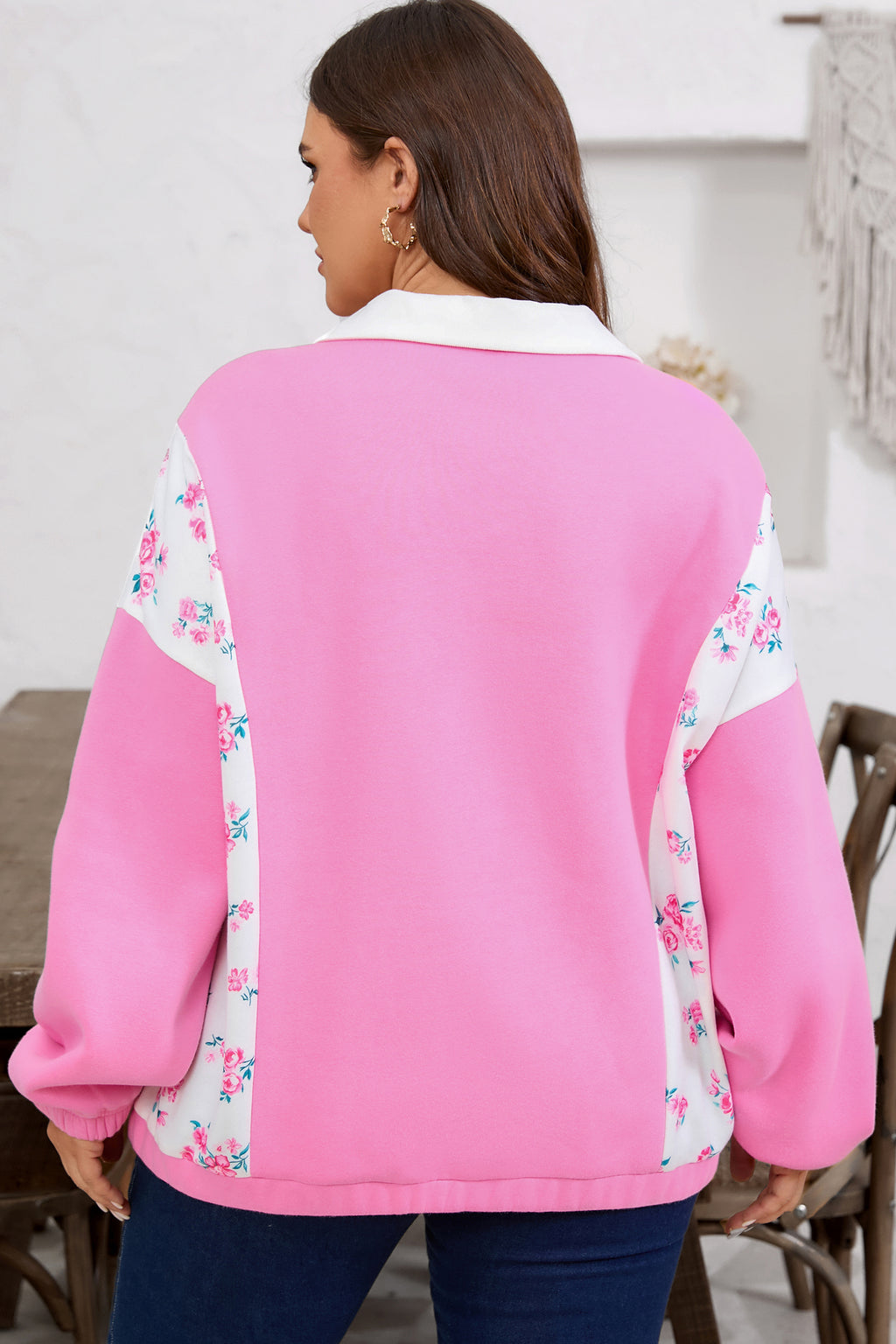 Pink Plus Size Contrast Polo Collar Floral Patchwork Elastic Cuffs Long Sleeve Top