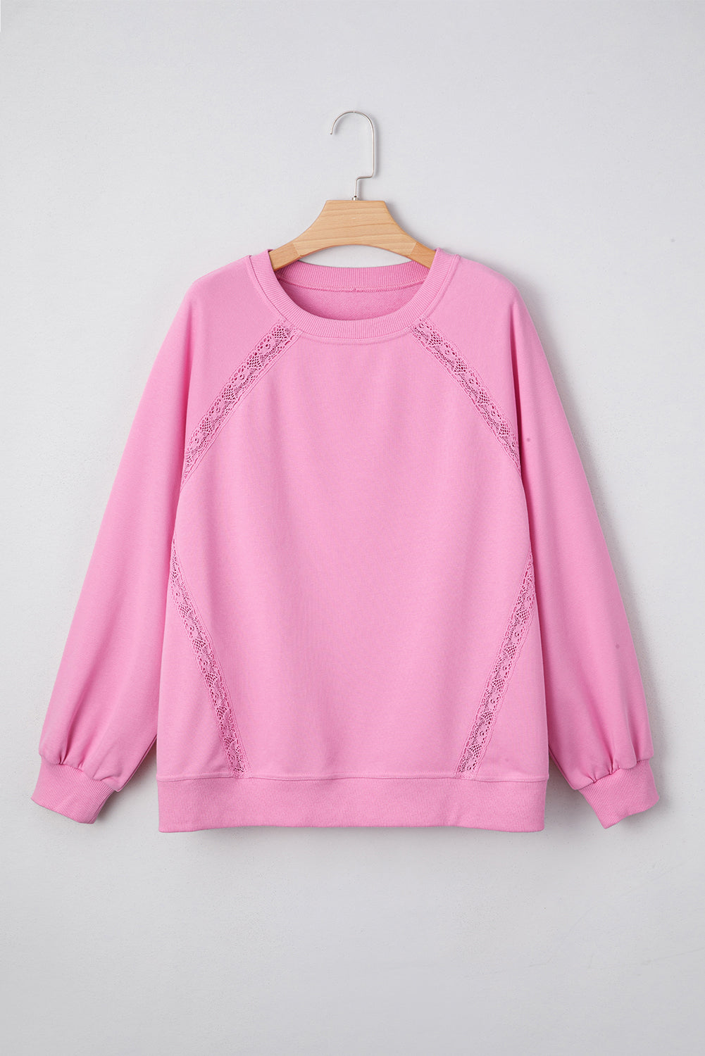 Bright Pink Lace Patchwork Raglan Sleeve Loose Fit Sweatshirt