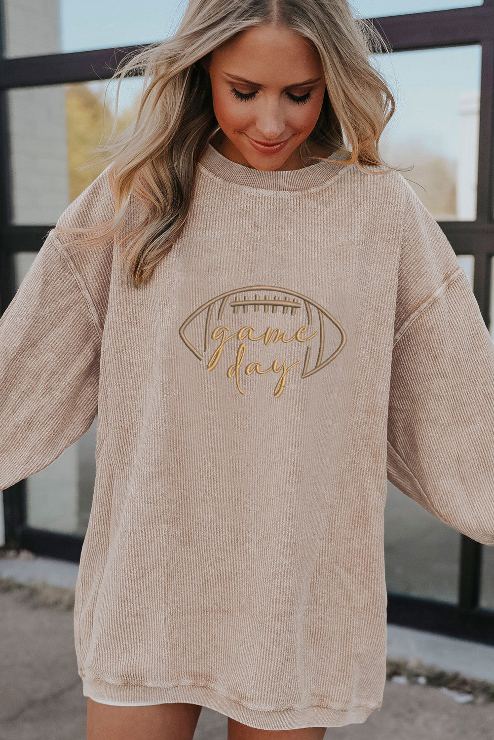 Apricot Football Graphic Drop Shoulder Game Day Corded Sweatshirt