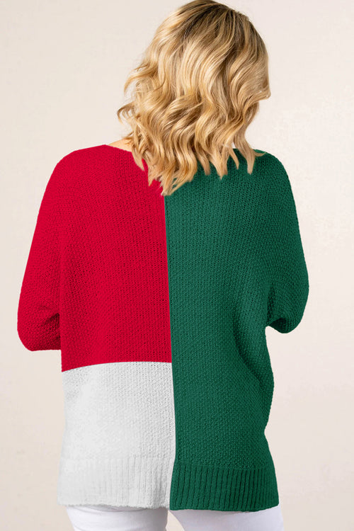 Evergreen Color Block Knit V Neck Loose Sweater
