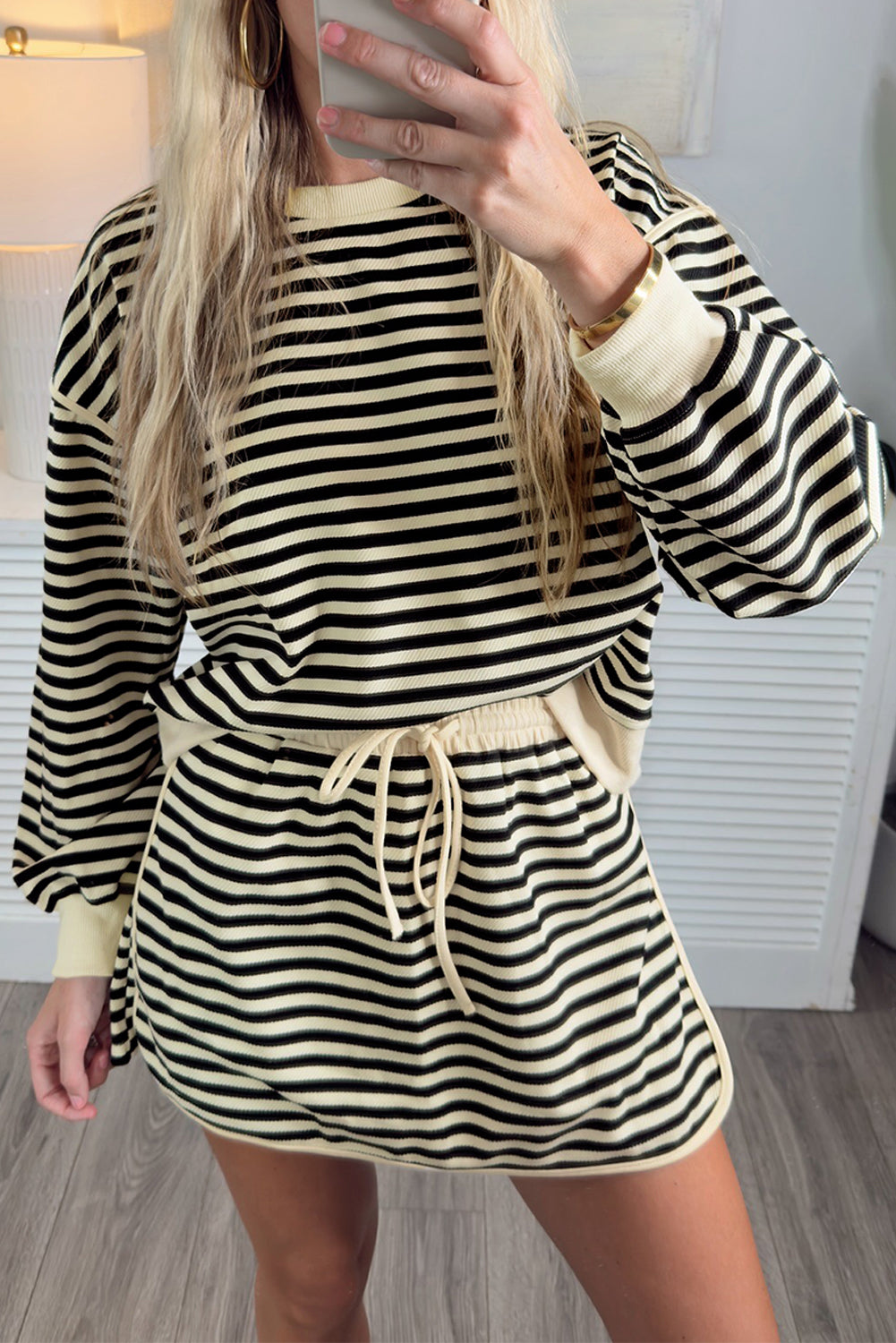 Black Stripe Textured Drop Shoulder Pullover Top Drawstring Mini Skirt Two Piece Dress Set