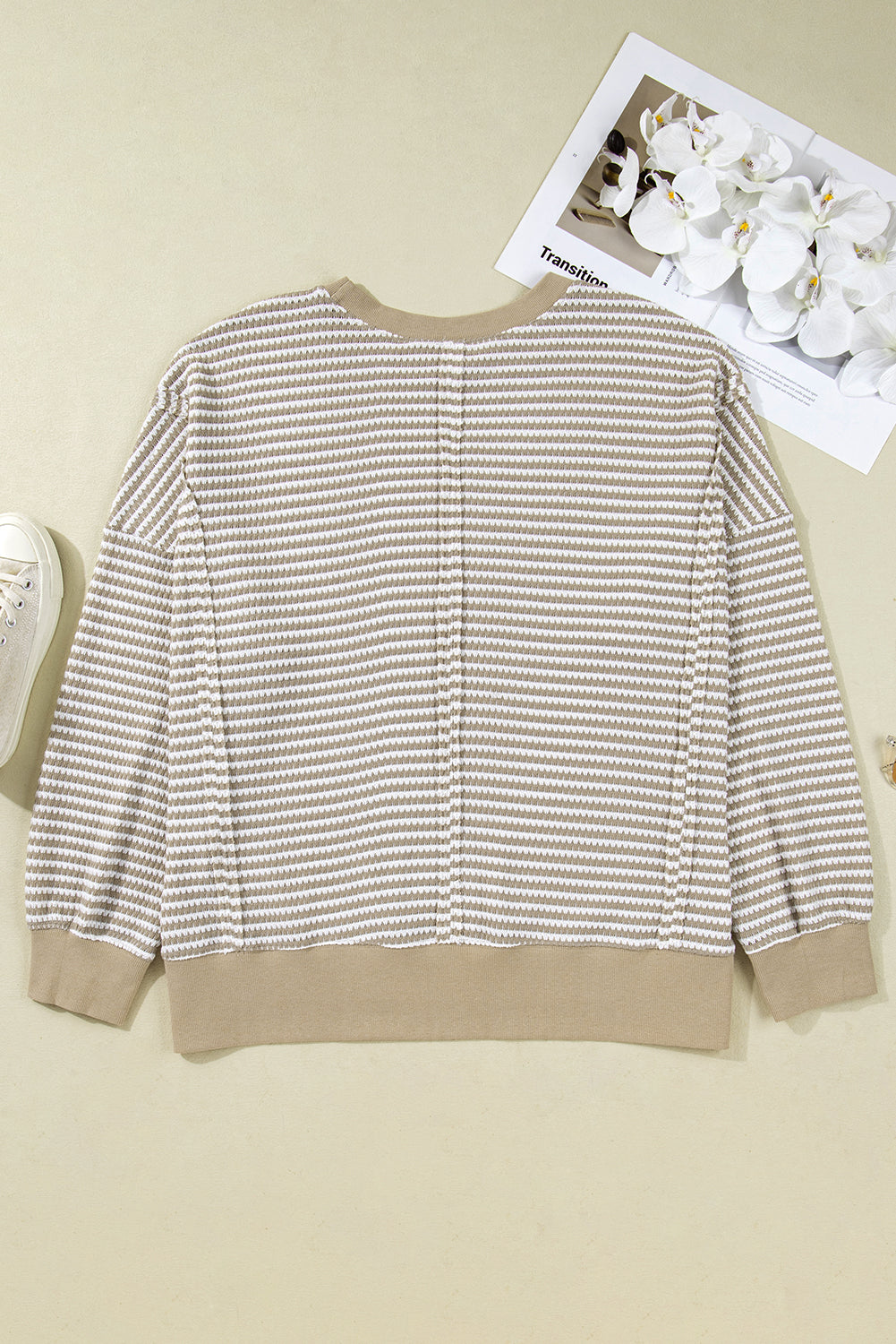 Brown Plus Size Stripe Ribbed Trim Drop Shoulder Long Sleeve Oversized Top