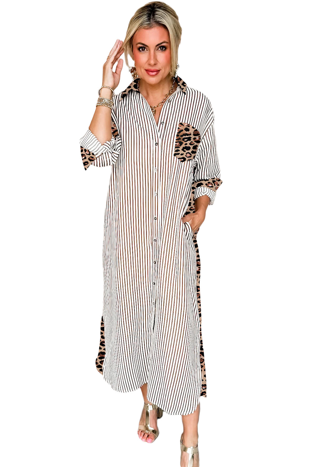 Brown Stripe Contrast Leopard Patchwork Shirt Dress