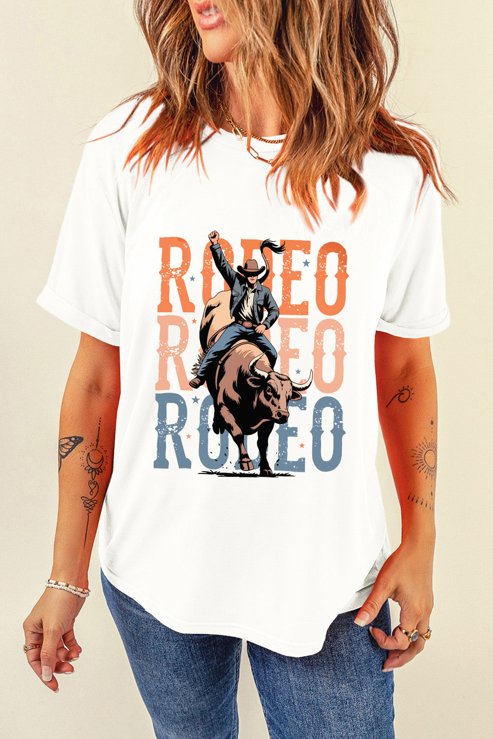 White RODEO Graphic Crewneck Fashion T Shirt