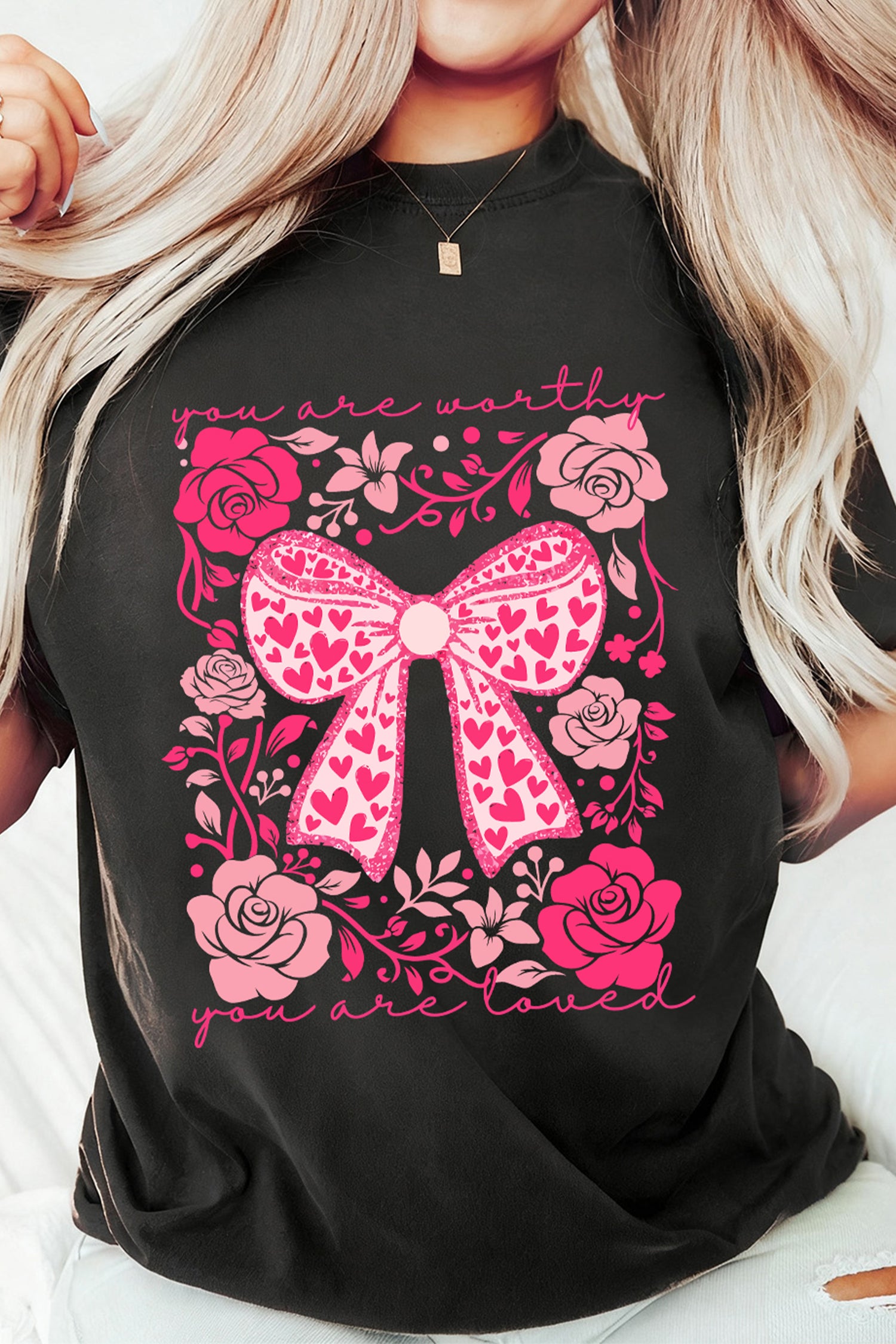 Black Valentines Day Slogan Floral and Bow Printed T Shirt