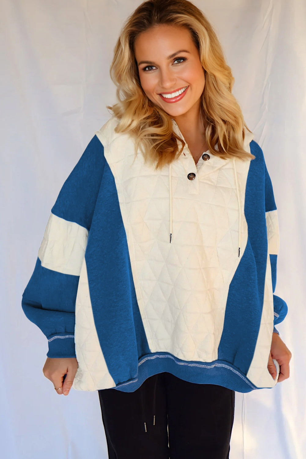 White Quilted Color Block Patchwork Oversize Hoodie