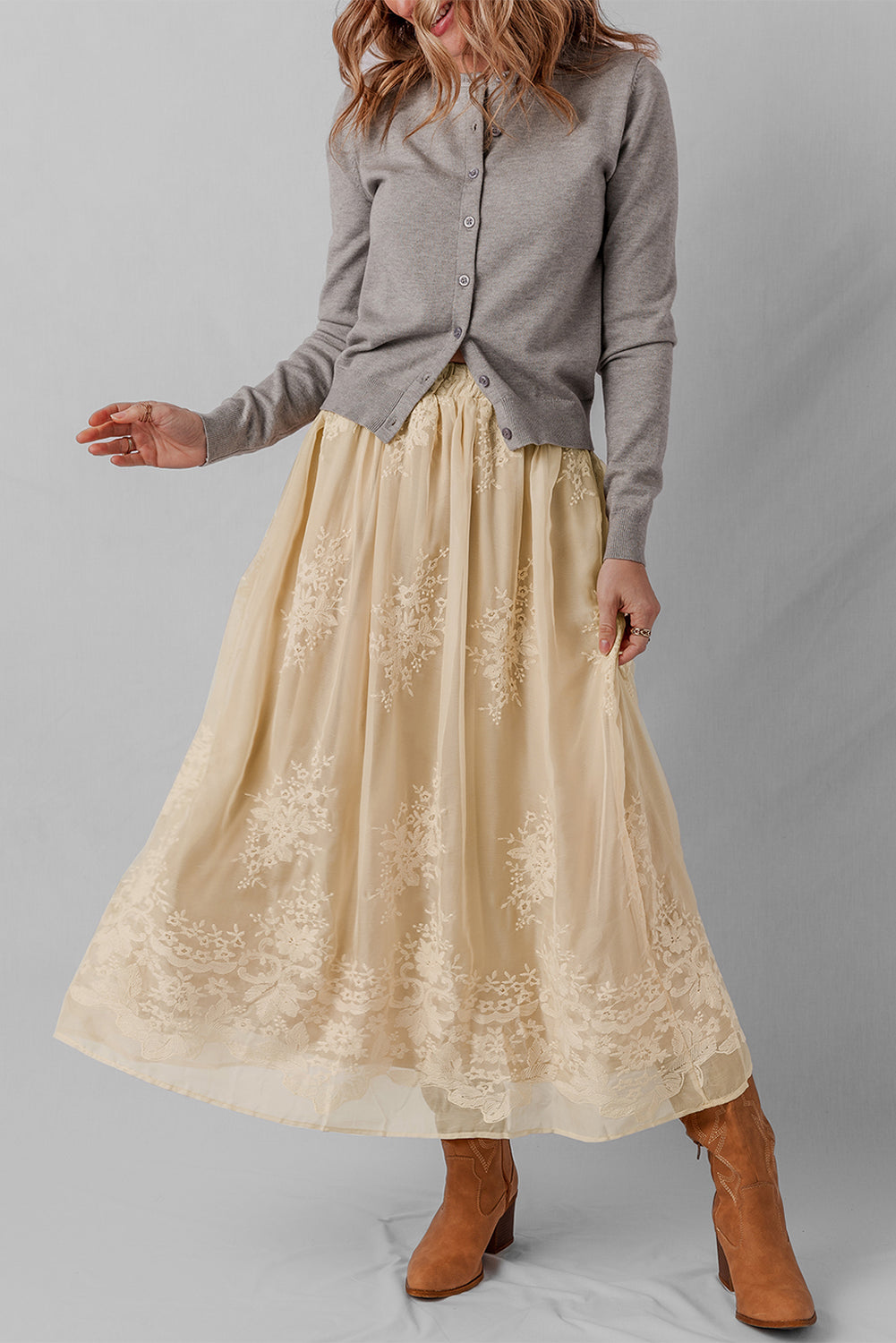 Oatmeal Embroidered Mesh Overlay Flowy Long Skirt