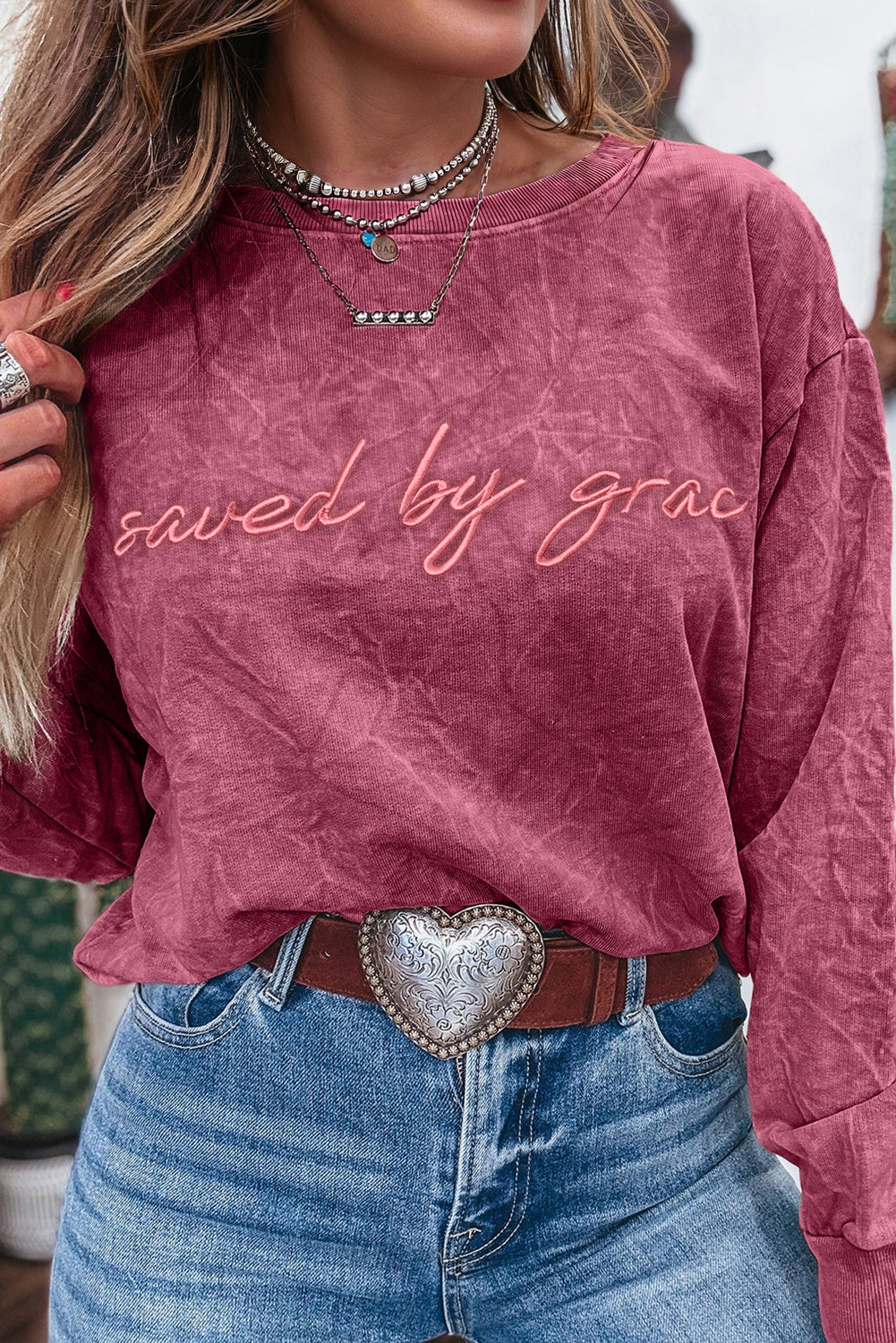 Dune saved by grace Letter Embroidery Mineral Wash Loose Sweatshirt