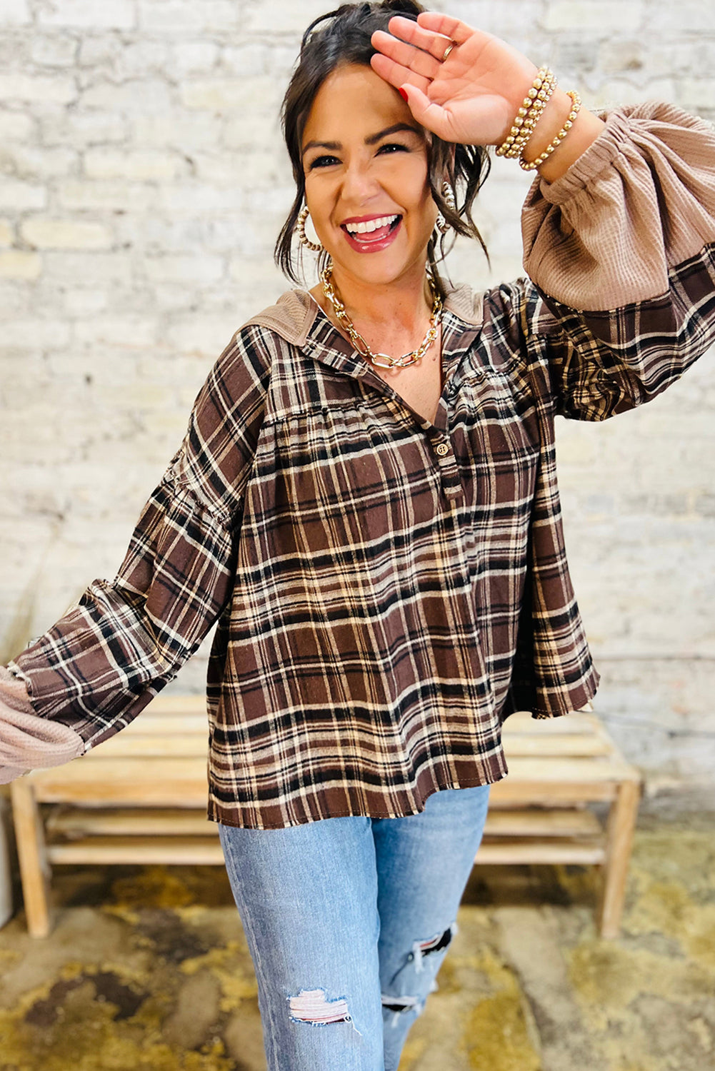 Brown Plaid Waffle Patchwork Long Sleeve Henley Hooded Top